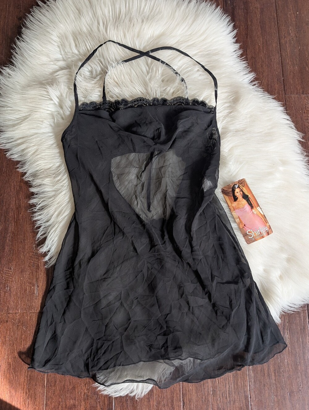 NWT 90s Shirley Of Hollywood Sheer Black Slip Dress Thong Set Medium Deadstock
